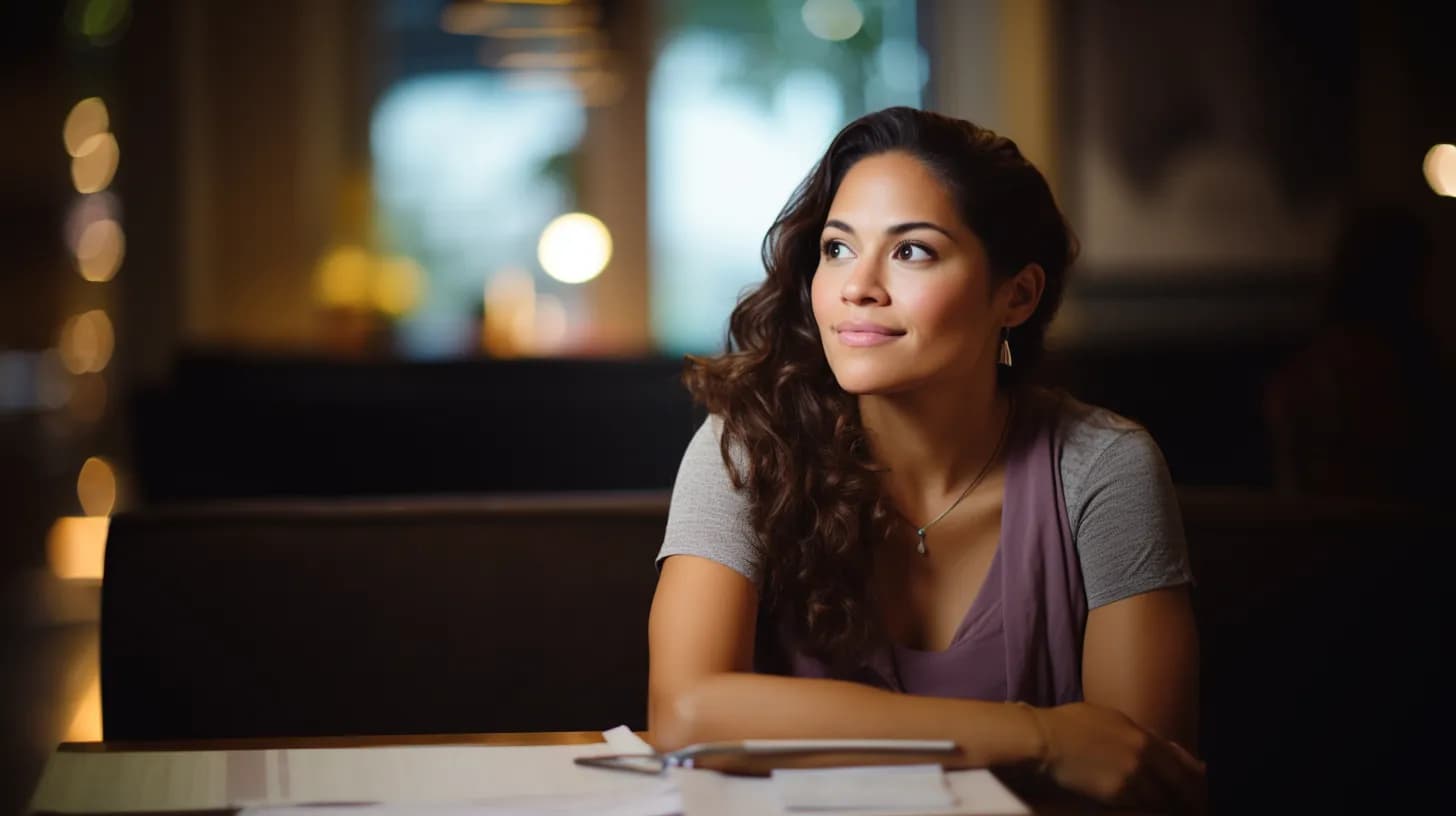 Woman sitting in a office with a lot of documents on the table