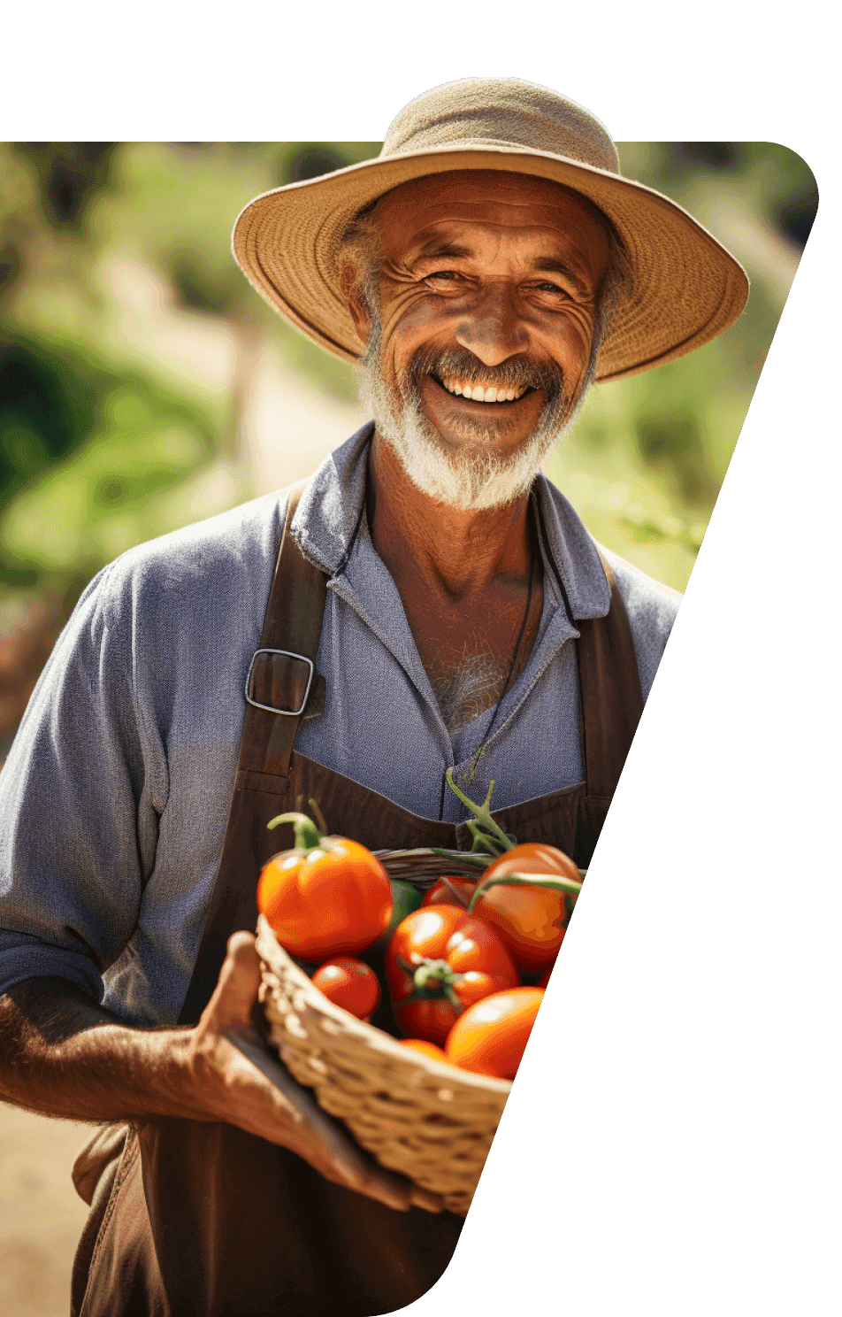 A man happily holds a basket filled with ripe tomatoes, showcasing his joy and the abundance of fresh produce he has gathered.