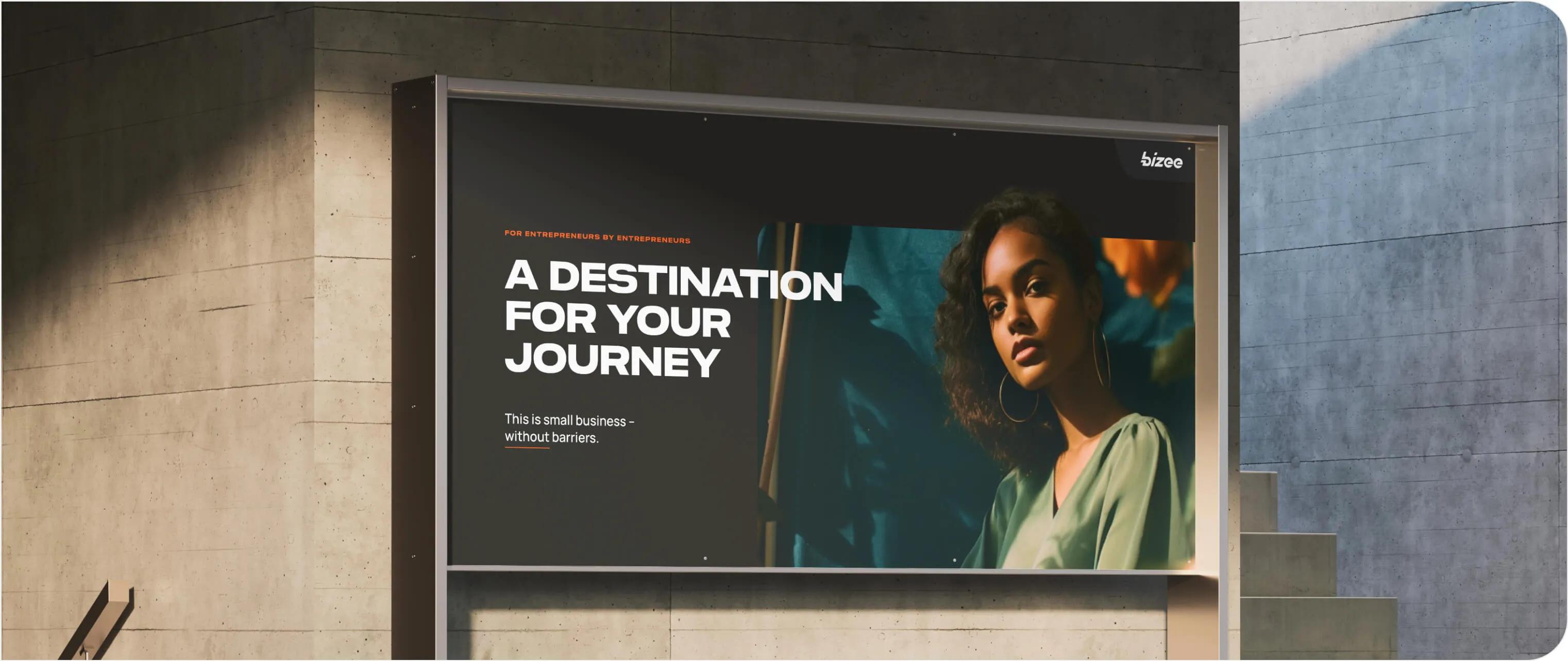  Advertising banner with young woman and bizee logo with a title a destination for your journey.